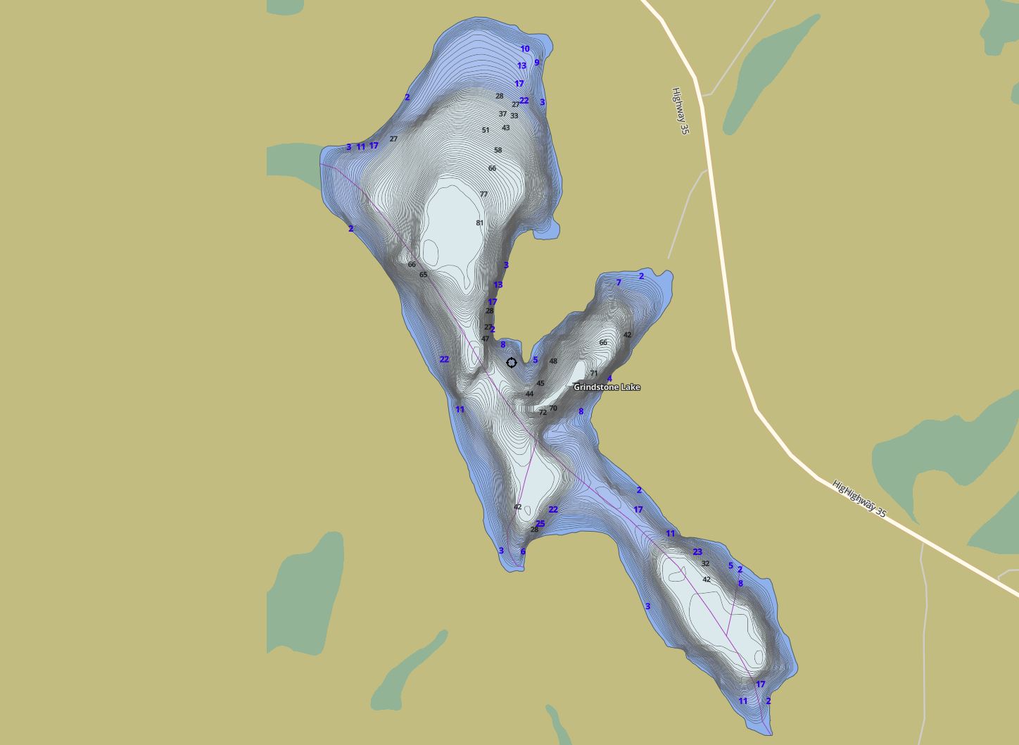 Contour Map of Grindstone Lake in Municipality of Lake of Bays and the District of Muskoka